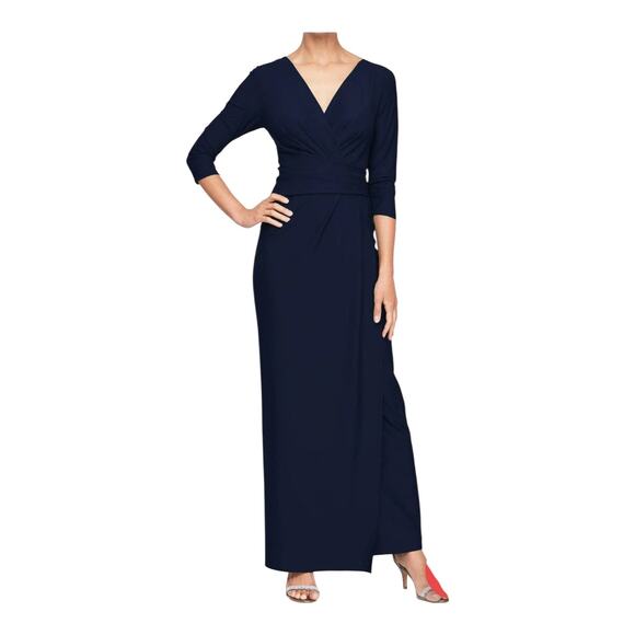 Betsy & Adam Elle Long Sleeve Side Ruffled Slit Gown dress blue size 14 - Picture 1 of 8
